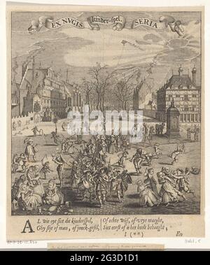 Gioco per bambini. Sullo sfondo del Voorhout all'Aia, i bambini giocano, tra l'altro, cieco, lepre, padri e madre, saltando, aquiloni e palafitte. Al centro un grande gruppo di bambini fa una processione che marciò i soldati. Su un banderle il testo 'Child's play; ex nugis seria'. Sotto la stampa di due nuove regole in Letterpress. Foto Stock