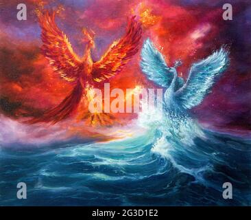 Dipinto ad olio astratto originale che mostra mitologia phoenix e cigno spirituale dalle onde in oceano o mare su Canvas.Golden Sunset. L'impressionismo moderno, Foto Stock