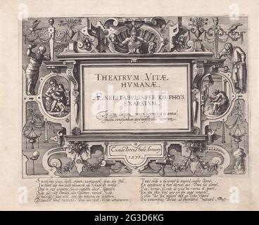 Titolo in cornice ornamentale con simboli che si riferiscono alla prima e all'ultima fase umana della vita; le sei età dell'uomo simbolizzate dagli ordini di costruzione; Theatrum Vitæ Humanæ. Titolo Stampa con il titolo della serie su un epitaaf: Theatrum Vitae Humanae. La cornice ornamentale è decorata con simboli che fanno riferimento alla prima e ultima fase di vita dell'uomo. A sinistra un bambino e una cartouche con una madre che succhia il suo bambino. Per lei un bambino gioca su un cavallo hobby. Sulla destra un uomo con occhiali e un bastone. Nel cartouche, un vecchio si riscalda a fuoco. Sopra il titolo il per Foto Stock