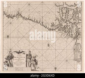 Tessera di una porzione della costa del Brasile con il Delta del Rio delle Amazzoni; carta PAS, dalle coste marine, da Brazilia, tra, Cabo Noord e Cabo de Cuma. Scegli la carta di una porzione della costa del Brasile con il Delta del Rio delle Amazzoni. La mappa contiene due rose della bussola, il Noorder è riportato di seguito. In basso a sinistra il titolo, l'indirizzo dell'editore e la scala, che è indicata in tedesco, spagnolo e inglese o francese miglia (scala: c. 1: 1,300,000). A destra dei dati Mercurius porta una conversazione con una giovane donna che apre un cestino. A sinistra dei dati UNA donna con una croce e. Foto Stock