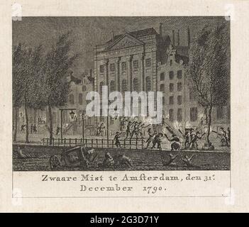 Heavy FOG ad Amsterdam, 1790; Heavy FOG ad Amsterdam, 31 dicembre 1790. Heavy Mist ad Amsterdam il 31 dicembre 1790. Vista del Keizersgracht per Felix Meritis. La gente cammina attraverso la strada con le torce, una carrozza cadde nel canale. Foto Stock