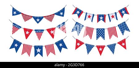 Garland Bunting flag American Independence Day set appartamento. Festa degli Stati Uniti che appende bandiere. Pennants pennants pungings patriottici hanno striato la decorazione. Felice 4 luglio Happy Independence festival Vector Illustrazione Vettoriale