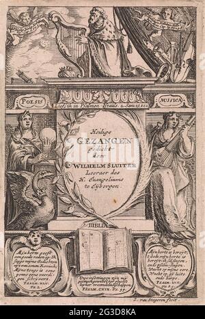 Esecuzione allegorica sui salmi e sulle canzoni spirituali; pagina del titolo per: Willem Sluiter, Salmi, Lof-sangen, Ende Geestelike Liedekens, 1661. Un monumento con il titolo del libro di Willem Sluiter è affiancato dalla personificazione della poesia, con la piuma di scrittura, e la musica, con un liuto. Il re David De Harp gioca in cima. La sua corona è accanto a lui. Alla base di una bibbia e tre tocchi con i testi dei Salmi. Foto Stock