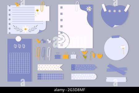 Set di cancelleria piatto. Pagina del notebook Planner. Nota foglio, adesivo e nastro per condotti, perno a pressione, graffetta. Per fare l'elenco con il fiore disegnato. Scheda modello ideale per organizer per bambini stampabili. Illustrazione vettoriale Illustrazione Vettoriale