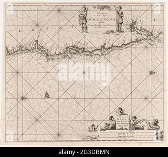 Carta pass dalla costa orientale del Brasile; carta PAS, dalle coste marine, dal Brasile, Betten, Ponto de Lucena e Cabo S. Augustino. Pass card dalla costa orientale del Brasile, con due rose bussola, il nord si trova sulla destra. Al centro del titolo e dell'indirizzo dell'editore, affiancato da un uomo con freccia e arco e da un uomo con scudo e spada. In basso a destra la scala, indicata in tedesco, spagnolo e inglese o in miglia francesi (scala: c. 1: 400,000). C'è una sirena in scala, un bastone marino e formaggi giovani, uno dei quali sembra un bastone di giacobbe. Foto Stock