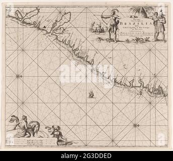 Carta pass di una parte della costa orientale del Brasile; carta PAS dalle rive del mare di Brazilia, tra Cabo S. Agostino e Rio Coripo. Scegli la carta da una parte della costa orientale del Brasile, con due rose a bussola, il Noorder è giusto. In alto a destra il titolo e l'indirizzo editoriale affiancati da un uomo con freccia e arco e un uomo con un'ascia. Divisione in basso a sinistra, in tedesco, spagnolo e inglese o in miglia francesi (scala: c. 1: 400,000). C'è un Meerman e un gin con la scala. Foto Stock