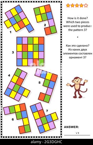 Puzzle visuale astratto: Come si fa? Quali due pezzi sono stati utilizzati per produrre il modello 3? Risposta inclusa. Illustrazione Vettoriale