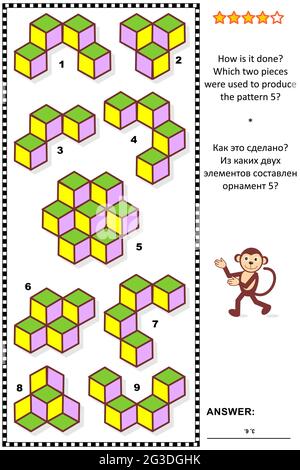 Puzzle astratto di logica visiva: Come si fa? Quali due pezzi sono stati utilizzati per produrre il modello 5? Risposta inclusa. Illustrazione Vettoriale