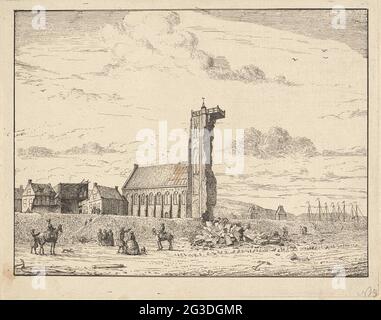 Torre crollata a Egmond aan Zee, 1741. Vista della torre crollata a Egmond aan Zee, il 27 novembre 1741. Sulla spiaggia di detriti e spettatori. Foto Stock