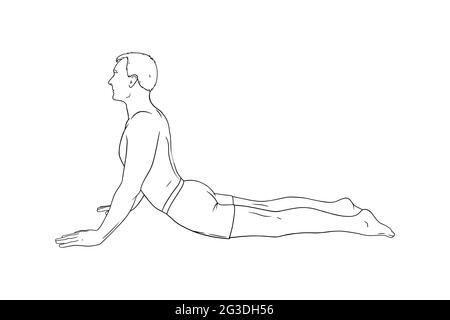 Yoga COBRA posa o bhujangasana. Uomo che pratica la strengthing yoga posa. Immagine vettoriale incisa isolata su sfondo bianco Illustrazione Vettoriale