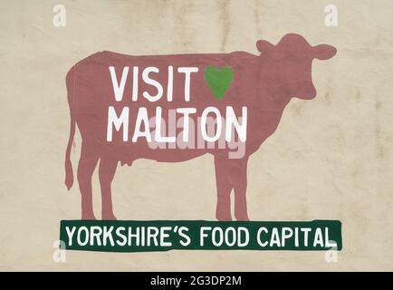 Mucca murale, visita Malton, Yorkshires Food Capital in North Yorkshire, Inghilterra, Regno Unito Foto Stock