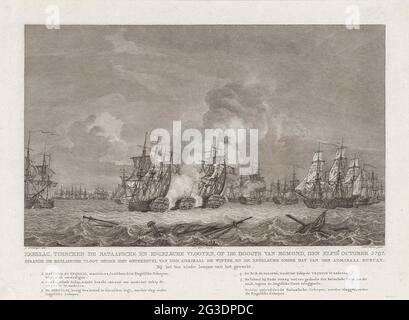 Battaglia di mare a Kamperduin (fine), 1797; battaglia di mare, tra le flotte Batava e inglese, consapevole di Egmond, l'Elfd.n ottobre 1797 (...) nella lotta della lotta; tre piatti della battaglia di mare a Kamperduin, 1797. La battaglia marittima a Kamperduin il 11 ottobre 1797 tra la flotta Batavian sotto il comando del viceAdmiraal Jan Willem de Winter e una flotta britannica sotto l'ammiraglio Adam Duncan. Fine della battaglia. Centrale la libertà (questa nave sotto il comando dell'inverno) Mastens tra tre navi inglesi e le Ercole su cui uno sta ancora estinguendo l'incendio; inoltre, Batavian Foto Stock