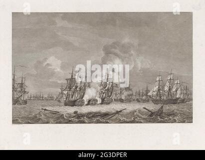 Battaglia di mare a Kamperduin (fine), 1797; tre piatti della battaglia di mare a Kamperduin, 1797. La battaglia marittima a Kamperduin il 11 ottobre 1797 tra la flotta Batavian sotto il comando del viceAdmiraal Jan Willem de Winter e una flotta britannica sotto l'ammiraglio Adam Duncan. Fine della battaglia. Centrale la libertà (questa nave sotto il comando dell'inverno) Mastens tra tre navi inglesi e le Ercole su cui uno sta ancora estinguendo l'incendio; inoltre, navi Batavi sotto le navi inglesi. Foto Stock