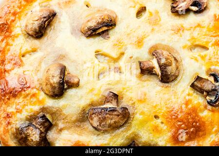 Deliziosa torta fatta in casa con carne e funghi. Cibo sfondo Foto Stock