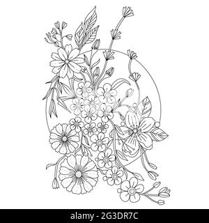 Contorno di fiori di doodle in bianco e nero per libri da colorare adulti, monocrome motivo floreale vettoriale. Pagina di mandala floreale. Illustrazione Vettoriale