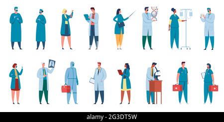 Lavoratori ospedalieri. Personaggi sanitari medici, infermieri, chirurghi, medici in uniformi professionali. Gruppo di vettori del personale medico. Scienziato che fa la ricerca con il microscopio, la gente in abito Illustrazione Vettoriale
