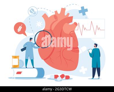 Cardiologia. Cardiologi che esaminano il cuore. Diagnosi medica di colesterolo alto, trattamento di insufficienza cardiaca, concetto di vettore di trapianto di cuore. Medici controllo organo con lente di ingrandimento Illustrazione Vettoriale