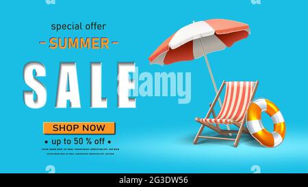 Modello banner Vector Summer sale. Orientamento orizzontale. Con lettino e ombrellone su sfondo blu. Illustrazione Vettoriale