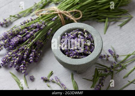 Ciotola di fiori di lavanda su fondo grigio di cemento Foto Stock