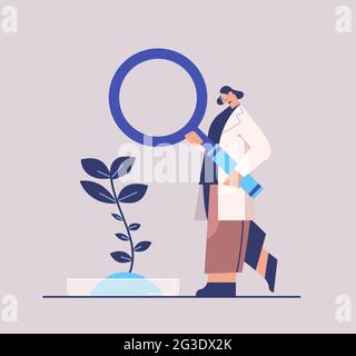 ricerca scienziato che lavora con lente d'ingrandimento donna ricercatore facendo esperimento chimico in laboratorio Illustrazione Vettoriale