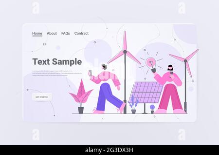 uomini d'affari che detengono la lampada leggera turbine eoliche pannelli solari alternative rinnovabili verde energia risparmio ecologia Illustrazione Vettoriale