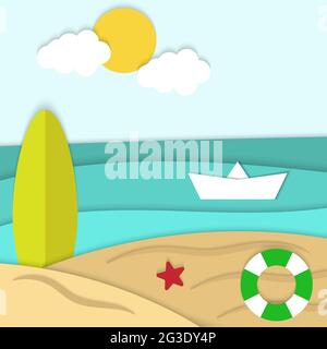 vacanza in spiaggia estate carta taglio vettore di sfondo, stagione estiva carta artigianato disegno illustrazione Illustrazione Vettoriale