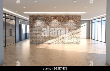 Un interno di un ufficio vuoto con finestre, un lucernario e un muro di mattoni di faccia in luce del giorno - rendering 3D Foto Stock