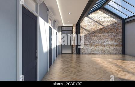 Un interno di un ufficio vuoto con finestre, un lucernario e un muro di mattoni di faccia in luce del giorno - rendering 3D Foto Stock