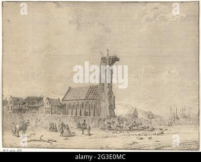 Torre crollata a Egmond aan Zee, 1741. Vista della torre crollata a Egmond aan Zee, il 27 novembre 1741. Sulla spiaggia di detriti e spettatori. Foto Stock