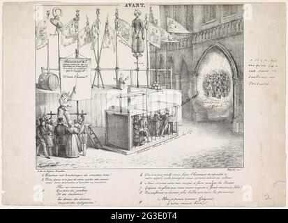 Primo cartone animato al corso di Musica di Bruxelles, 1830; Avant. Cartoon al concorso musicale tenutosi a Bruxelles contemporaneamente alla mostra nazionale dell'industria, luglio 1830. Gli amanti della musica si sono attirati come topi nella trappola con il messaggio che l'armonia di Francoforte avrebbe giocato sulla concorrenza. Questa armonia è proiettata come una piastra di lanterna magica su un edificio. A sinistra un clown su un palcoscenico che dà il publeek. Alle sue spalle una dichiarazione delle città che partecipano al concorso. Con legenda 1-9. Nelle prestazioni e sul manuale della foglia scritto. Parte di un gruppo di tre carrelli Foto Stock