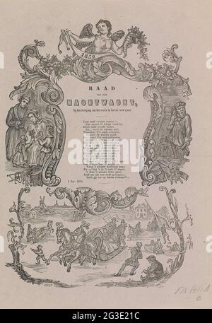Il desiderio di Capodanno dell'orologio notturno di Amsterdam per l'anno 1859; l'orologio del Consiglio della Notte, alla transizione dal vecchio nel nuovo anno. Il desiderio di Capodanno dell'Amsterdam Nightwatch (Rattelwacht) per l'anno 1859. Centrale un fresco, qui, scene di notte orologio, una famiglia e gelato. Foto Stock