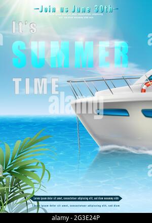 Sfondo estivo con vista oceano con la barca all'orizzonte. Illustrazione Vettoriale