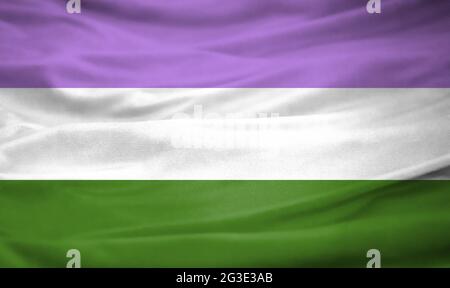 Bandiera realistica di orgoglio genderqueer sulla superficie ondulata di tessuto Foto Stock