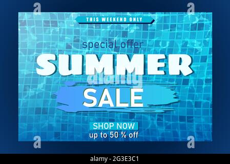 Modello banner Vector Summer sale con texture piscina e fiori esotici. Illustrazione Vettoriale