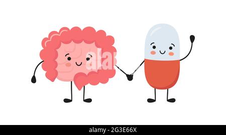 Intestino sano e felice sorridente farmaci pillola caratteri tenere le mani. Kawaii probiotici capsula e carino viscere caratteri. Sindrome dell'intestino irritabile Illustrazione Vettoriale