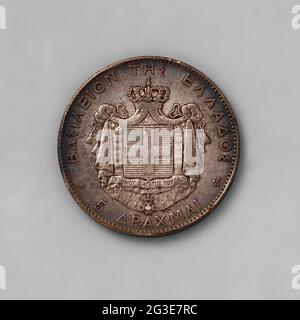 5 Draces dal re Georgios i, 1875; Grecia, re Georgios i, 5 Dracme, 1875. Moneta d'argento. Fronte: Testa del re a sinistra. Anno in fondo a per iscritto. Diritto di IT lettera A [= Parigi]. Al contrario: Stemma greco appeso al mantello con corona attraverso la cavallerezza con gioiello. Indicazione del valore in fondo a per iscritto. Bordo del cartante. Battuto a Parigi durante la cosiddetta Unione Latina Munt. Foto Stock