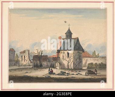 Rovina di Hougoumont; sette piatti da Waterloo e dintorni. Vista delle rovine del castello e della fattoria Hogoumont, luogo di pesanti combattimenti, vicino Waterloo. Centro di De Kapel. Parte di una serie di sette piatti con facce di circa 1820 dell'area dove la Battaglia di Waterloo ebbe luogo il 18 giugno 1815. Foto Stock