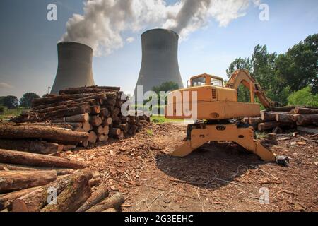 FRANCIA. ARDECHE (07) CRUAS CORTECCIA DI COMBUSTIBILE DI LEGNO, GANCIO DI FORESTA, GIRA AEROREFRIGERANTE DELLA CENTRALE NUCLEARE DI CRUAS MEYSSE Foto Stock