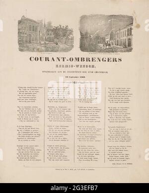 KermiSprent della consegna del Tribunale di Amsterdam per l'anno 1860; Wishon Courant-cerchs Fairground (...) 1860. KermiSprent per conto delle gamme di coursers (liberatori di giornali) ad Amsterdam, 10 settembre 1860. In alto due vignette con immagini tratte dai libri, lasciarono la diga di Zaandam, a destra dell'Oranjestraat e il nuovo ponte del Porto di Schiedam. In fondo ad una poesia in quattro colonne. Del Courantombrenger: N.B. Koster. Foto Stock