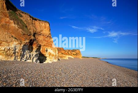 Una vista della spiaggia di scogliere e del mare in un'area di straordinaria bellezza naturale nel Nord Norfolk a Weybourne, Norfolk, Inghilterra, Regno Unito. Foto Stock