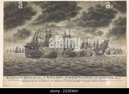 Fine della battaglia marittima a Kamperduin, 11 ottobre 1797; Eynde van den Zelag tra la flotta Batavia e quella inglese Den Xi ottobre 1797. La battaglia marittima a Kamperduin il 11 ottobre 1797 tra la flotta Batavian sotto il comando del viceAdmiraal Jan Willem de Winter e una flotta britannica sotto l'ammiraglio Adam Duncan. Fine della battaglia con la libertà di essere magistrale tra le navi inglesi, le Ercole ardenti e le navi a candela di volo di sinistra. Sotto il cielo nuvoloso pesante. Nella didascalia, una leggenda A-H delle navi Batave. Vedere telecomando. Foto Stock