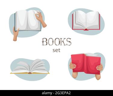 Una serie di quattro illustrazioni vettoriali con un libro aperto. Un uomo tiene un libro nelle sue mani. Illustrazione Vettoriale