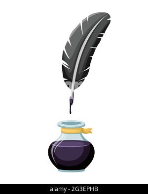 Inkwell con una penna. Illustrazione vettoriale dei materiali per la scrittura retrospettiva. Scrittore. Illustrazione Vettoriale