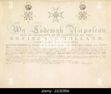 Diploma di nomina a Cavaliere dell'Ordine dell'Unione, ca. 1809. Diploma ufficiale di nomina a Cavaliere nell'Ordine reale dell'Unione, ca. 1809. Diploma privato in cui il nome e i dati non sono stati compilati. Immagini al piano superiore della parte anteriore e inferiore della Grande Croce e del cartello ricamato. Foto Stock