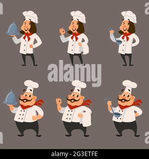 Insieme di chef in diverse posizioni. Personaggi maschili e femminili in stile cartoon. Illustrazione Vettoriale