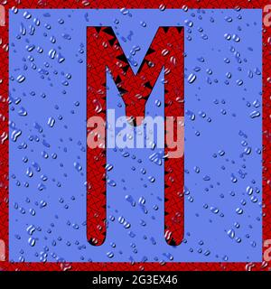 Immagine con il carattere OCR maiuscolo M come monogramma rosso con gocce d'acqua blu Foto Stock