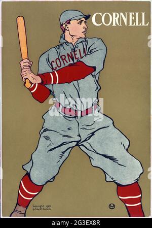 La stampa mostra un giocatore di baseball, della Cornell University, che tiene bat. Di Edward Penfield, 1908 Foto Stock