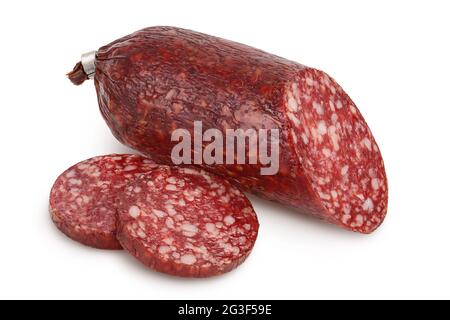 Salame affumicato isolato su fondo bianco con percorso di ritaglio e profondità di campo completa Foto Stock