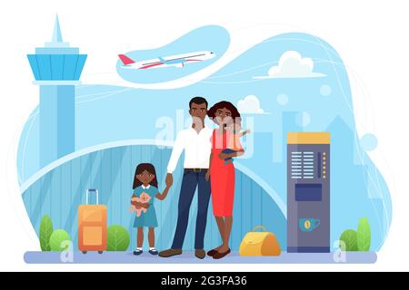 Viaggi con la famiglia, illustrazione del vettore di trasporto aereo. Cartoon passeggero madre padre e bambini personaggi in piedi insieme nel terminal dell'aeroporto, pronto a volare in aereo isolato su bianco Illustrazione Vettoriale