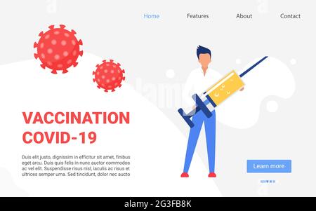 La vaccinazione, la prevenzione del coronavirus misura l'illustrazione del vettore di concetto. Cartoon medico uomo personaggio con grande siringa di trattamento iniezione di vaccino, medicina tecnologia modello sfondo Illustrazione Vettoriale